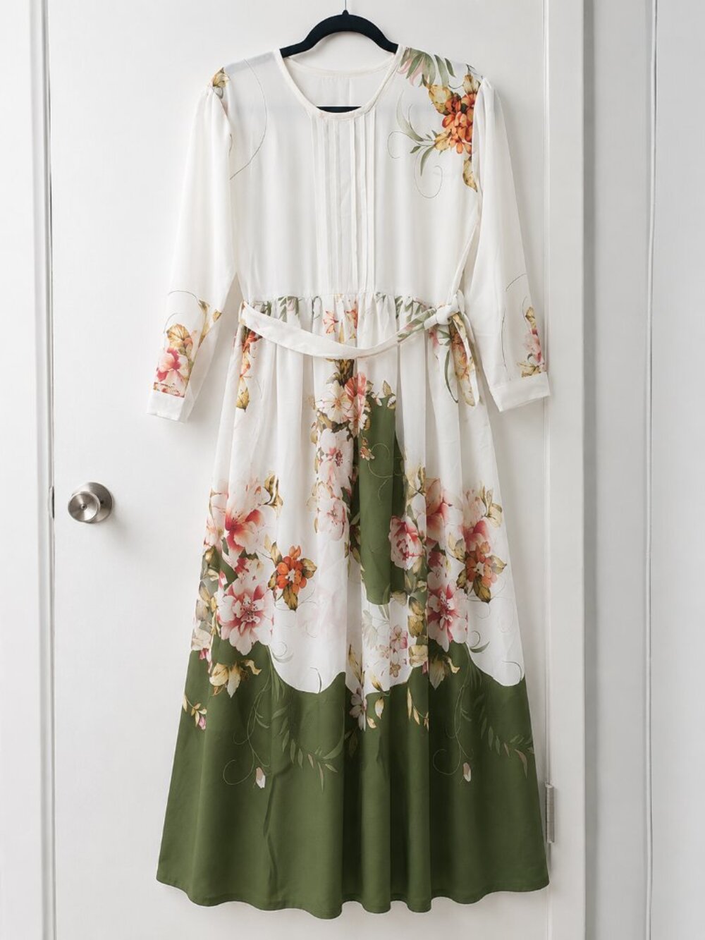White Olive Floral Chiffon Maxi Dress